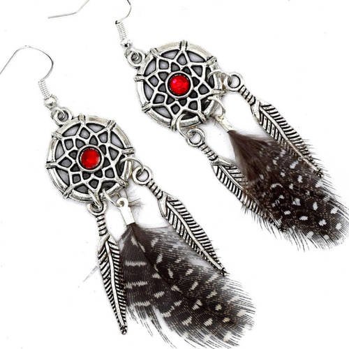Boucles d'oreilles dreamcatcher plumes noires et blanches, bijoux ethniques par passionnella