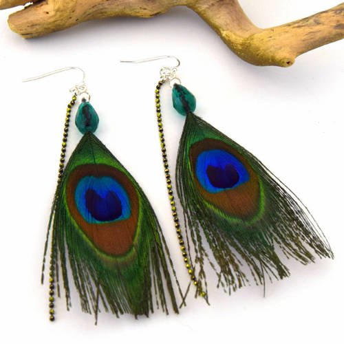 Boucle d'oreille plumes de paon olathe, perle facette cristal