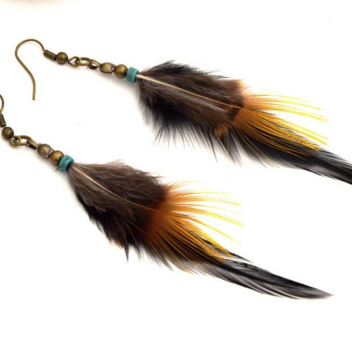 Boucles d'oreilles plumes abequa - ethnic feather - plume noir et orange perle turquoise