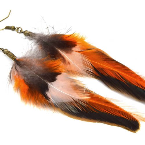 Boucles oreilles plumes naturelles isi orange marron; boucles oreille chics ethniques, boucle d'oreille plumes de fêtes, bijoux