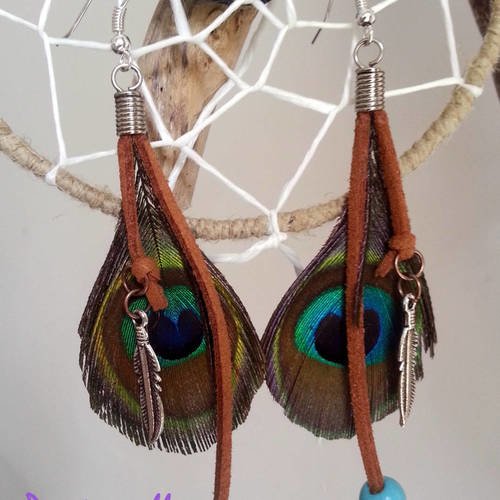 Boucles d'oreille  plumes de paon