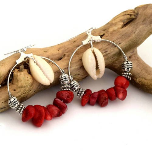 Créoles corail coquillages cauris, argentées 30mm, bijoux plage, bijoux été