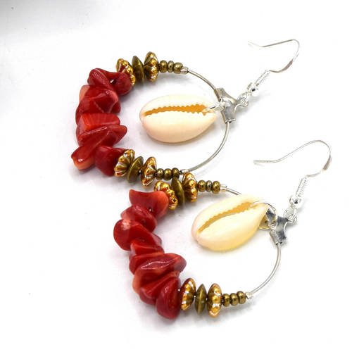 Créoles corail coquillages cauris perles dorées, argentées 30mm, bijoux plage, bijoux été
