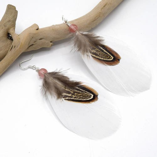 Boucles d'oreilles olathe plumes blanches - ethnic feather - bijoux ethniques - bijoux indiens - grizzly