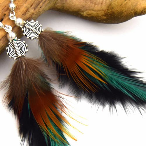 Boucles d'oreilles plumes nokomis - ethnic feather - bijoux ethniques - bijoux plumes noir et vert - grizzly