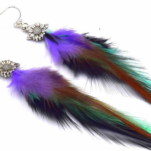 Boucles d'oreilles plumes lomasi - ethnic feather - bijoux ethniques - bijoux plumes noir violet vert - grizzly