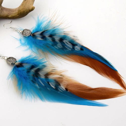 Boucles d'oreilles plumes waneta - ethnic feather - plume bleue turquoise et marron