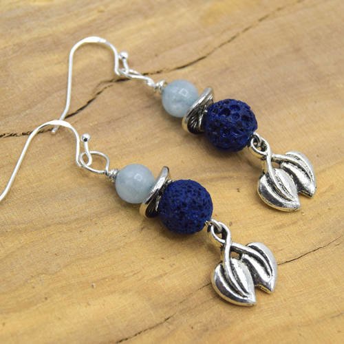 Boucles d'oreilles  argent feuilles perle de lave bleue , agate ciel de primtemps, bijoux bohème chics