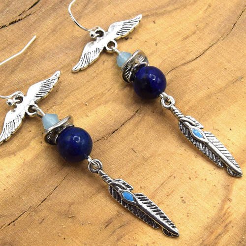 Boucles d'oreilles  argent plumes et ailes perle bleue , perle lapis lazuli et cristal ice, pendant plume métal incrusté turquoise ethniques
