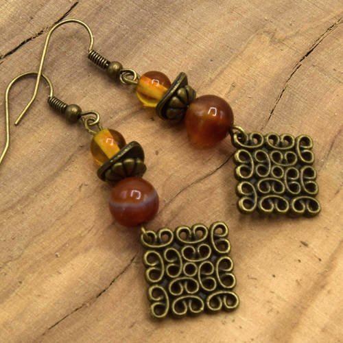 Boucles d'oreilles  bronze ambre, pendant géométrique perle d'agate feu,  bijoux ethniques