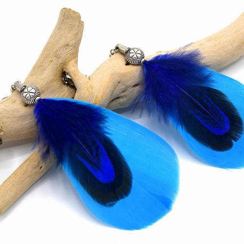 Boucles d'oreilles olathe plumes bleues, bijoux plumes, amérindiens - ethnic feather