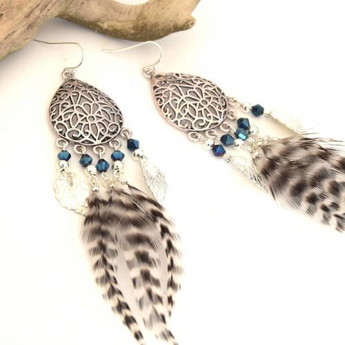 Boucles d'oreilles kinta plumes noires et blanches grizzly et perles cristal facettes bleu électrique, bijoux de fêtes