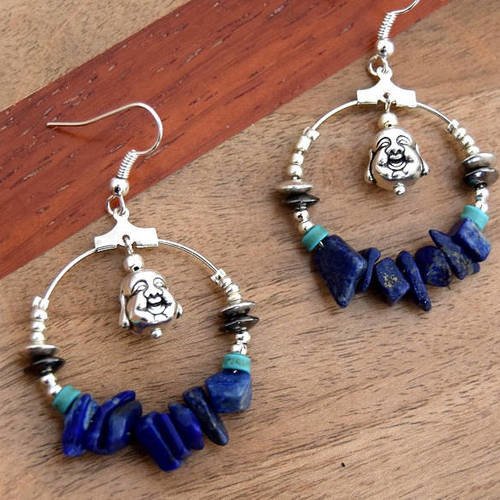 Créoles tête de bouddha pierres naturelles lapis-lazuli et turquoise 30 mm - boucles d'oreilles boho anneau argent - créoles en pierre semi