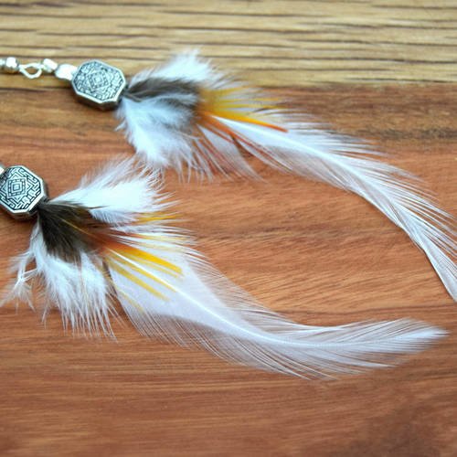 Boucles d'oreilles plumes angeni - ethnic feather - plume blanche et orangé
