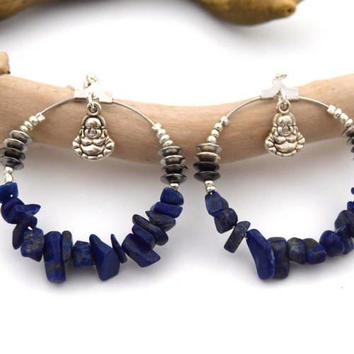 Hoops bouddha pierre naturelle lapis lazuli - boucles d'oreilles boho anneau argent - créoles en pierre semi précieuses