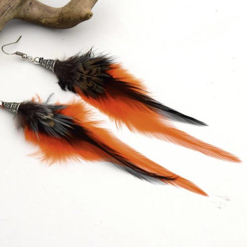 Boucle d'oreille plumes naturelles kwanita ; boucles oreille chics ethniques, boucle d'oreille plumes de fêtes, bijoux