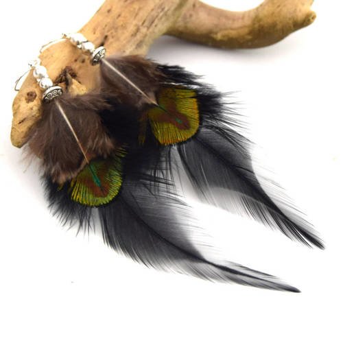 Boucles d'oreilles plumes abeytu - ethnic feather - bijoux ethniques - bijoux indiens - boho - plumes de paon
