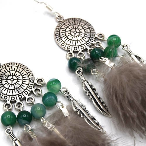 Boucle d'oreille chandelier argent antique plumes noires et blanches, agates naturelle rondes vertes - bijoux ethniques, amérindien