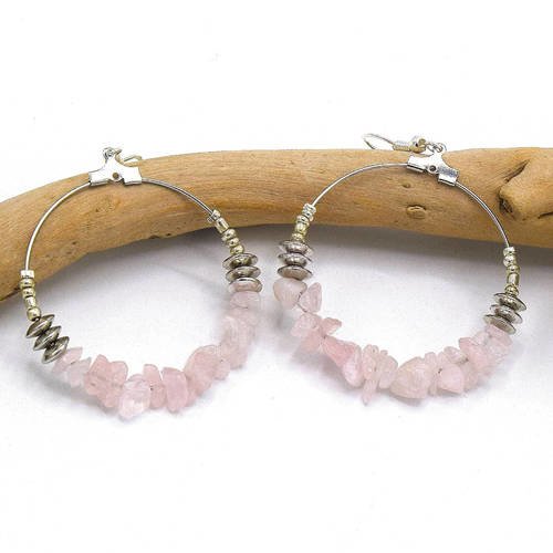 Créoles argenté pierres naturelles quartz rose - boucles d'oreilles boho anneau argent - hoops pierres naturelles