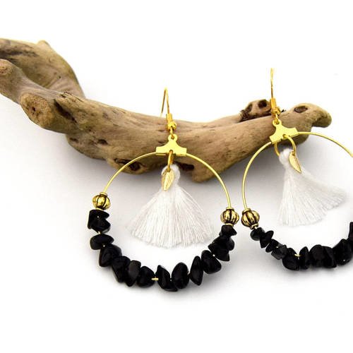 Créoles dorées onyx, bijoux boho chic noir et blanc  - boucles d'oreilles - gemstone earrings - gold plated hoops