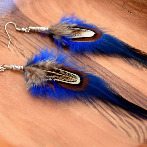 Boucles d'oreilles plumes yahto , plume bleue  et marron , bijoux ethniques - bijoux indiens - boho -