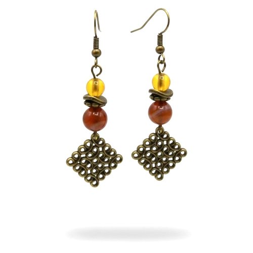 Boucles d'oreilles  bronze ambre, pendant géométrique perle d'agate feu,  bijoux ethniques
