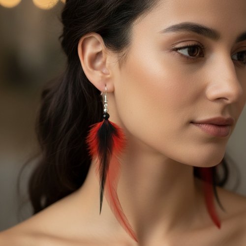 Boucle d'oreille plumes naturelles noires et rouges
