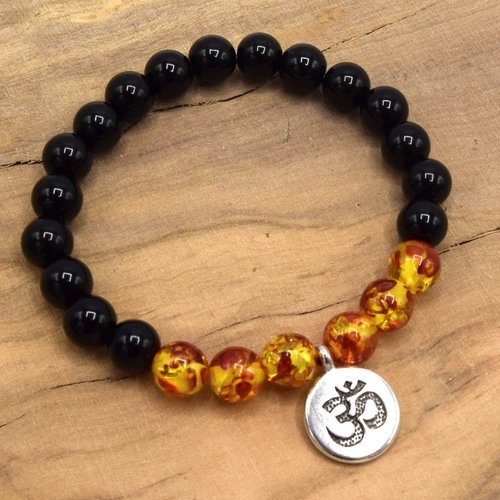 Bracelet agate noire givrée , pierres précieuses perles de 8mm, om pendant taille unique femme/homme méditation mala