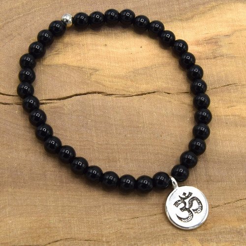 Bracelet agate noire , pierres précieuses perles de 6mm, om pendant taille unique femme/homme méditation mala