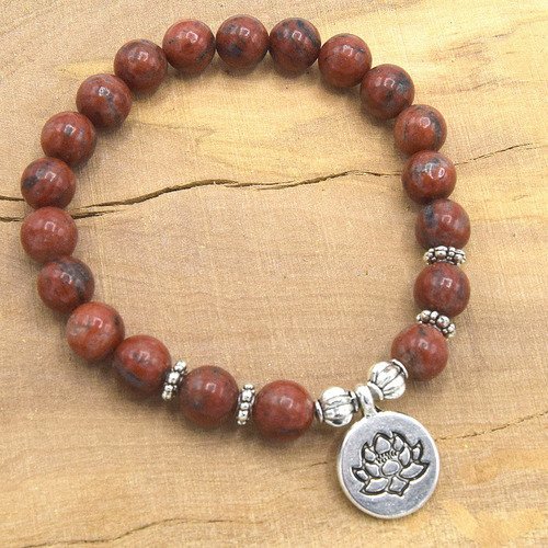 Bracelet agate blood, pierres précieuses perles de 8mm, fleur de lotus pendant taille unique femme/homme éditation mala