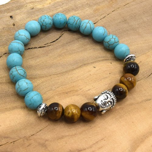 Bracelet bouddha perles oeil de tigre et turquoises-bracelet élastique yoga mala énergie-ethnicfeather