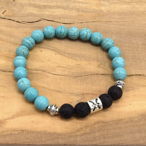 Bracelet signe zodiaque poisson perles de lave et turquoises-bracelet élastique yoga mala énergie-ethnicfeather