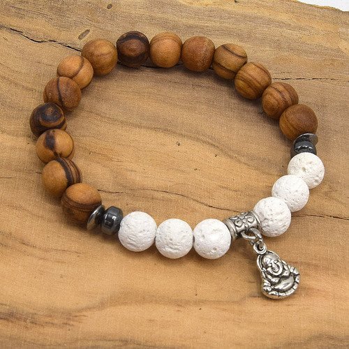 Bracelet bouddha perles de lave blanche et perle olivier, aromatérapie - bracelet élastique yoga mala énergie-ethnicfeather