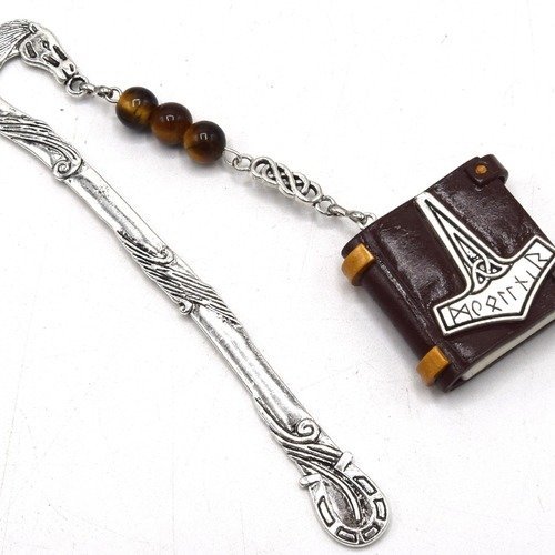 Marque-page marteau de thor, mythologie nordique, mjöllnir ,bijoux de livre en perle oeil de tigre - 