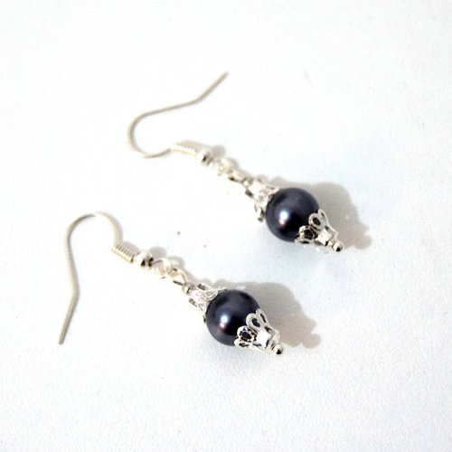 Boucles d'oreilles victorienne perle nacrée bleu nuit