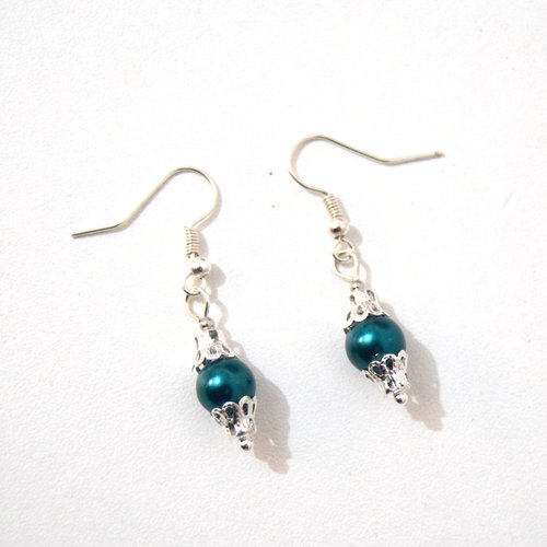 Boucles d'oreilles victorienne perle nacrée bleu canard