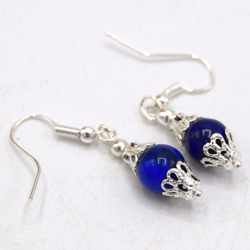 Boucles d'oreilles victorienne perle nacrée bleu lapis lazuli