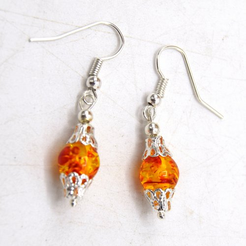 Boucles d'oreilles victorienne perle nacrée ambré (résine synthétique)