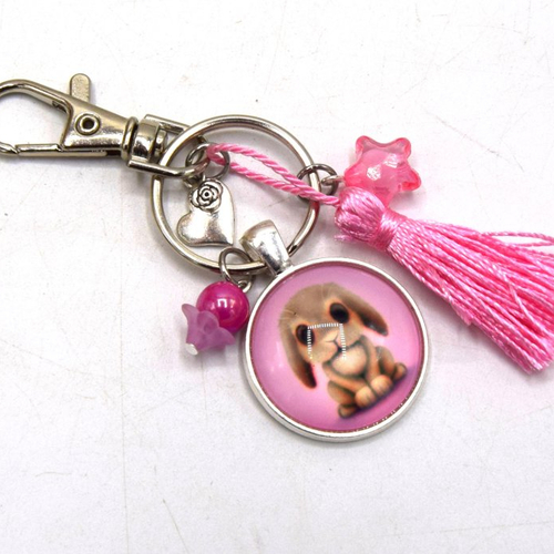 Porte-clés lapin mignon avec coeur & étoile rose, décoration sac à main, bijoux cabochon pompon.