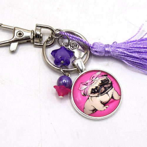 Porte clé chien mignon (carlin) avec coeur & étoile lavande, décoration sac à main, bijoux cabochon pompon.