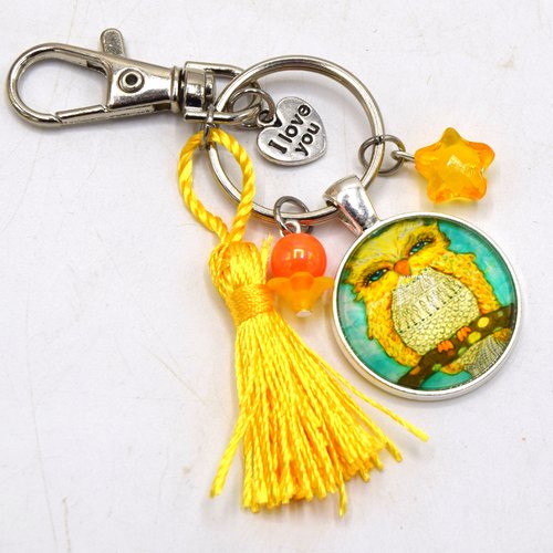 Porte clé hibou jaune avec coeur (i love you) & étoile jaune, décoration sac à main, bijoux cabochon pompon.