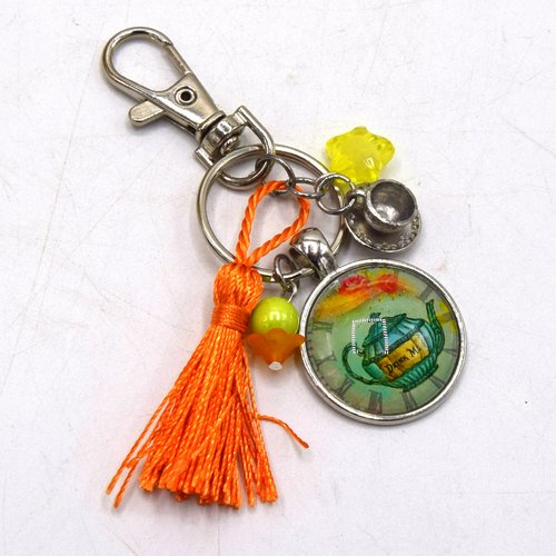 Porte clé théière avec sa tasse de thé & étoile orange, décoration sac à main, bijoux cabochon pompon.