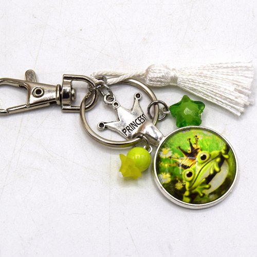 Porte clé grenouille avec couronne & étoile blanc, décoration sac à main, bijoux cabochon pompon.