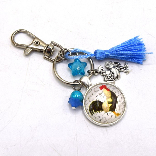 Porte clé coq avec pendentif coq & étoile bleu, décoration sac à main, bijoux cabochon pompon.
