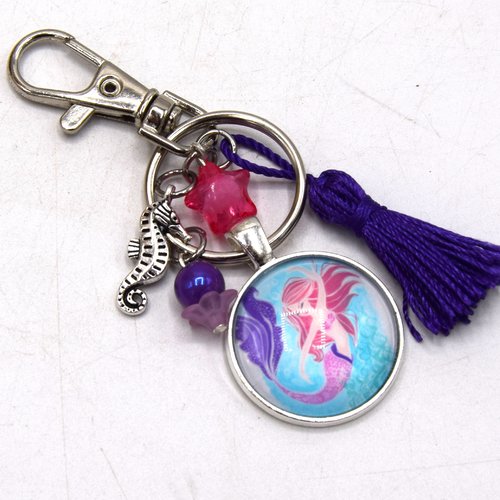 Porte clé sirène avec son hippocampe & étoile violet, décoration sac à main, bijoux cabochon pompon.