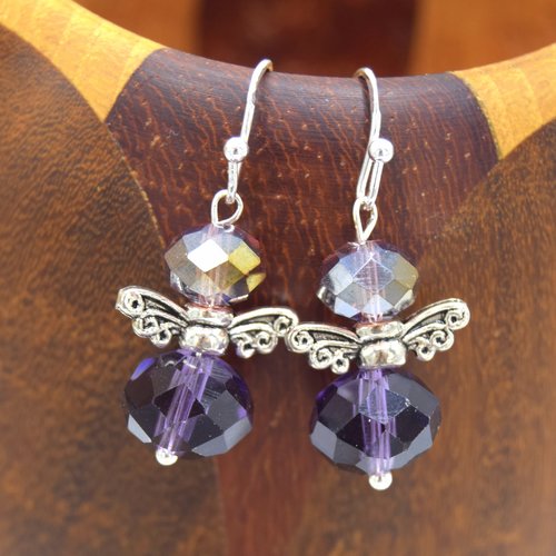 Boucles d'oreilles, perles de verre à facette (cristal) violet
