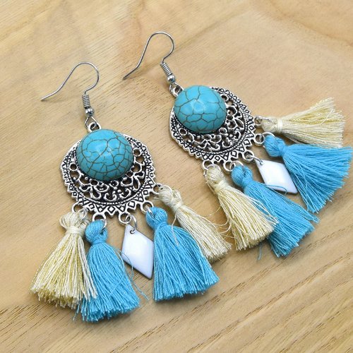 Boucles oreilles chandelier turquoise et pompons - bijoux chandelier femme, bijoux ethnicfeather