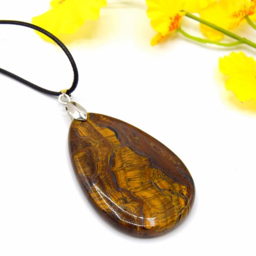 Ethnicfeather -collier pendentif pierre goutte oeil de tigre, bijoux reiki chakra, pendentif collier cordon noire, pierre quartz