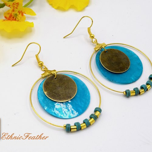 Créoles doré turquoise et nacre bleu - bijoux été plage fait mains -