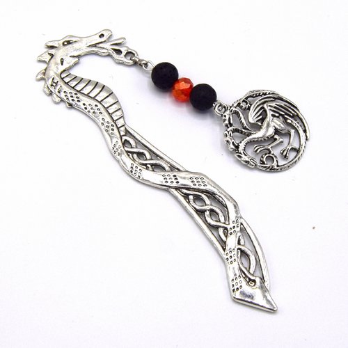 Marque-page dragon, mythologie chinoise, chimère ,bijoux de livre perle de lave - bookmark gift,marque-page métal serpent